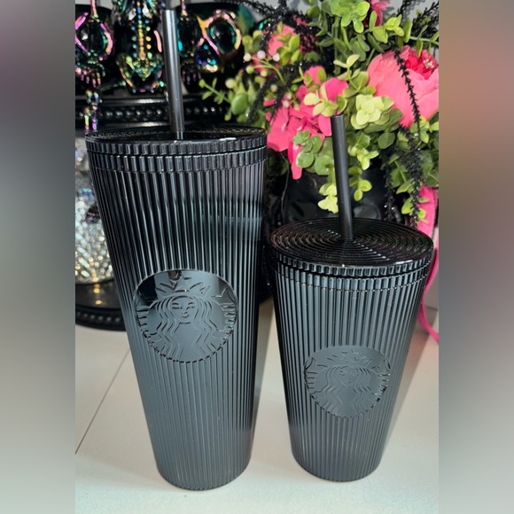 Starbucks Other - ✨🆕 Starbucks Black Pleated Metallic Plastic Cold Cups - 24 fl oz & 16 fl oz